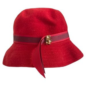 Vintage Banana Republic Red Wool Women's Hat Ribbon Trim Gold Pearl Embellished